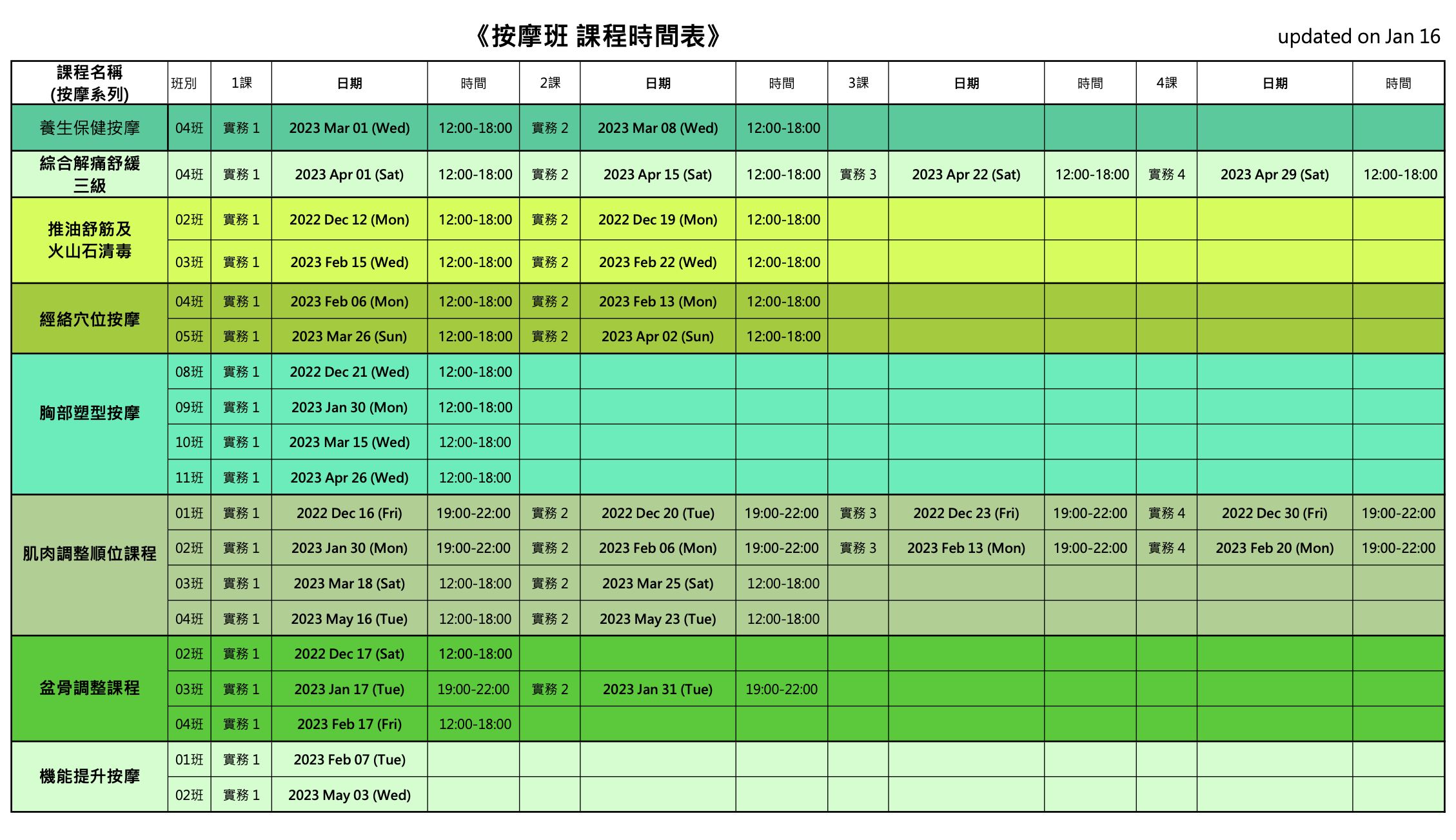 按摩班時間表